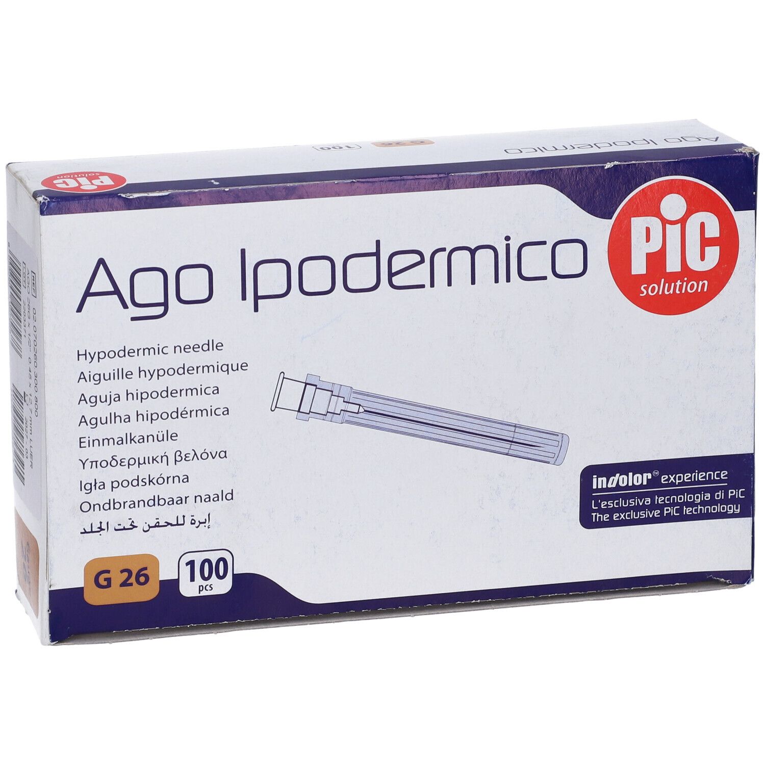 Confezione di Ago Ipodermico. Scritta: Ago Ipodermico, PIC solution. Contiene 100 aghi, G26.