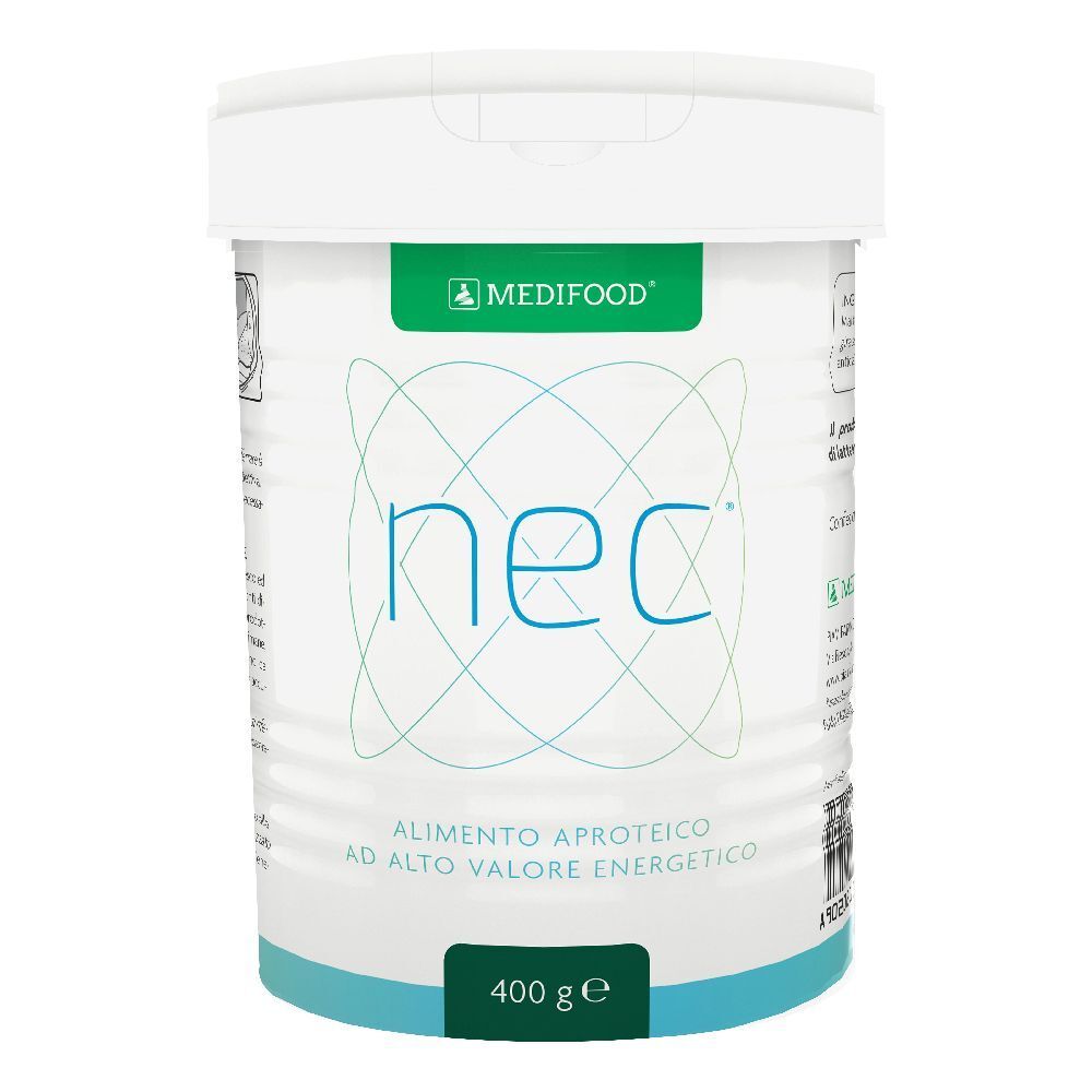 Contenitore bianco con coperchio. Scritta "nec" e "MEDIFOOD". Testo: "ALIMENTO APROTEICO AD ALTO VALORE ENERGETICO". Peso: 400 g.