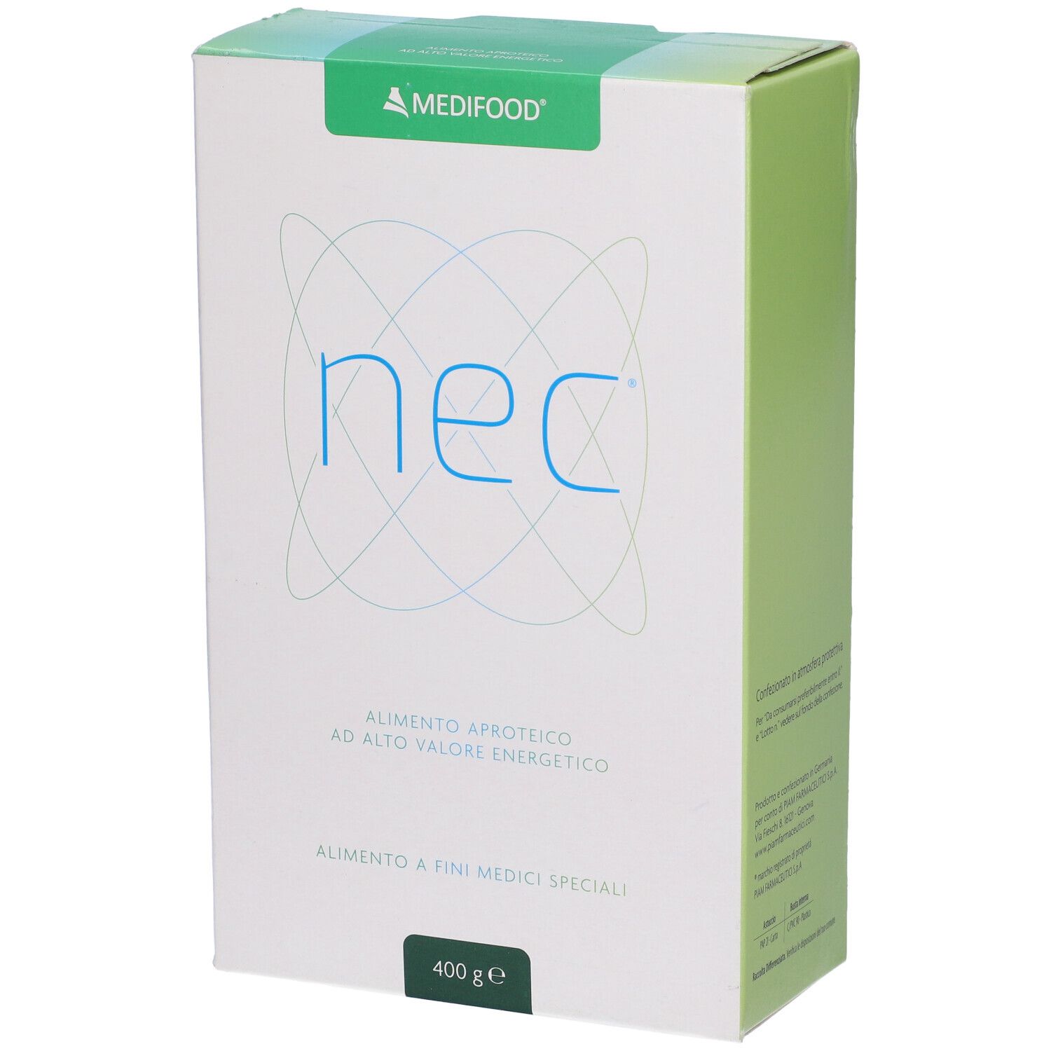 Scatola bianca con dettagli verdi. Scritta "nec" e "MEDIFOOD". Testo: "ALIMENTO APROTEICO AD ALTO VALORE ENERGETICO". Peso: 400 g.