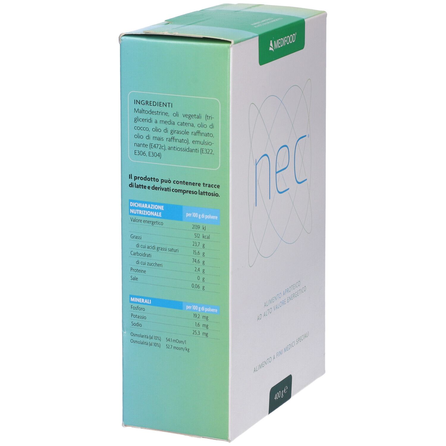 Scatola, vista laterale. Scritta "nec" e "MEDIFOOD". Testo: informazioni nutrizionali e ingredienti. Peso: 400 g.