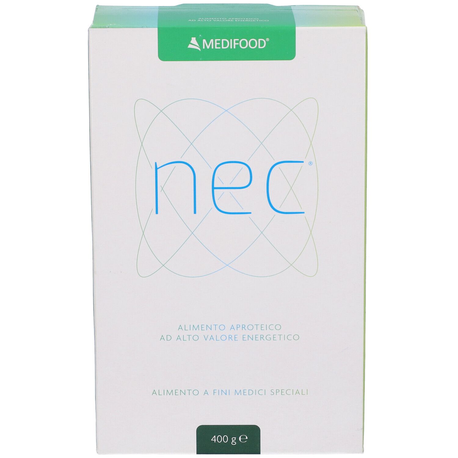 Scatola bianca con dettagli verdi. Scritta "nec" e "MEDIFOOD". Testo: "ALIMENTO APROTEICO AD ALTO VALORE ENERGETICO". Peso: 400 g.