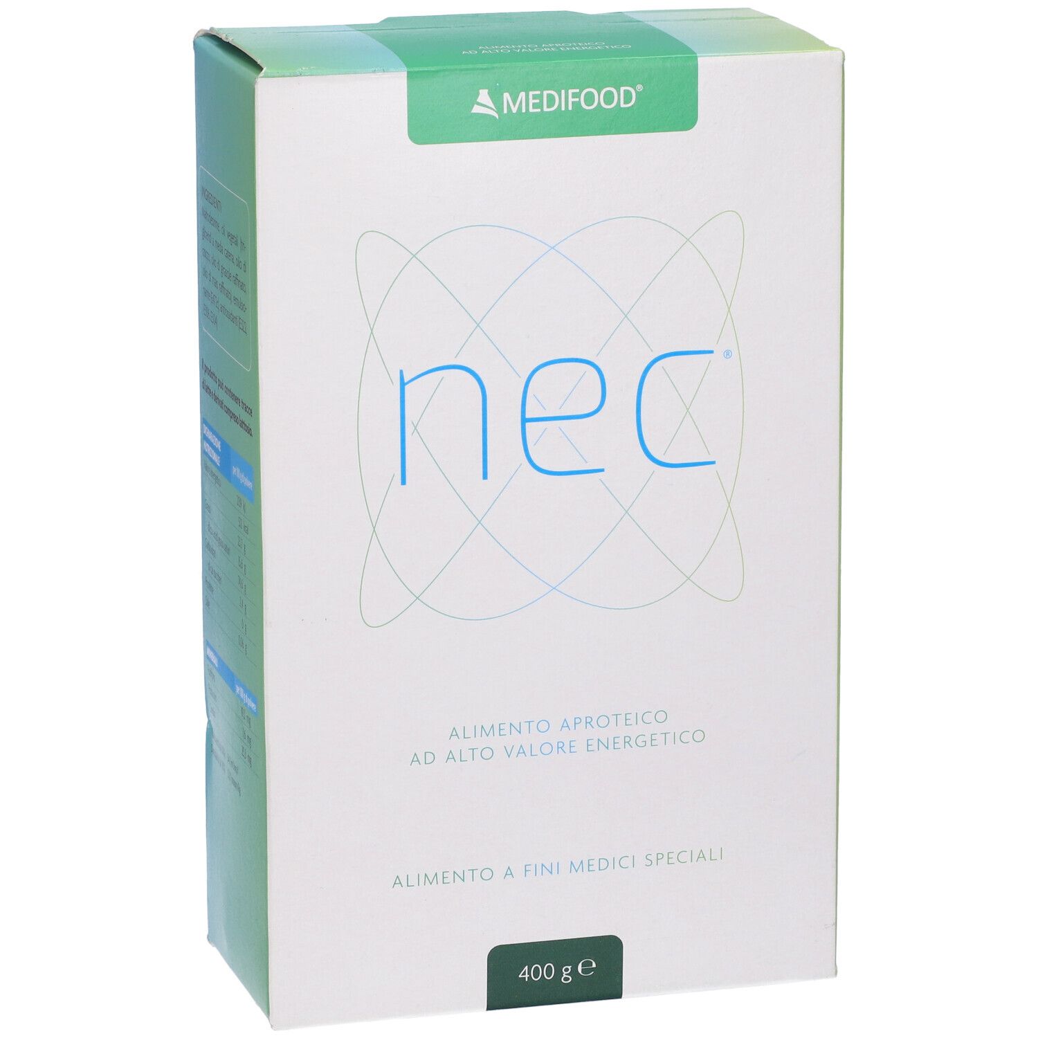 Scatola, leggermente angolata. Scritta "nec" e "MEDIFOOD". Testo: "ALIMENTO APROTEICO AD ALTO VALORE ENERGETICO". Peso: 400 g.