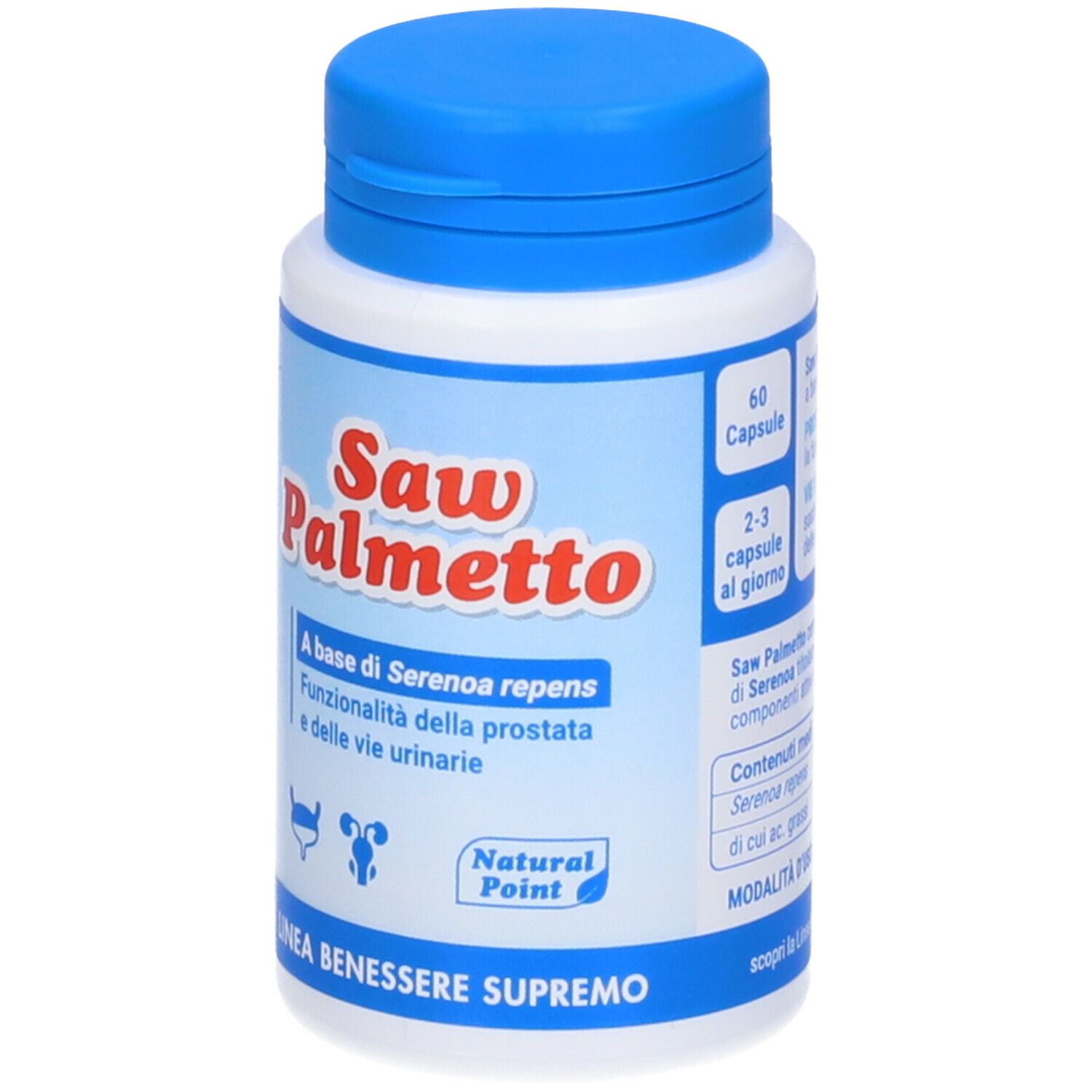 Weiß-blaue Flasche mit "Saw Palmetto"-Schriftzug. Text: "60 Capsule". "A base di Serenoa repens". Natural Point-Logo.