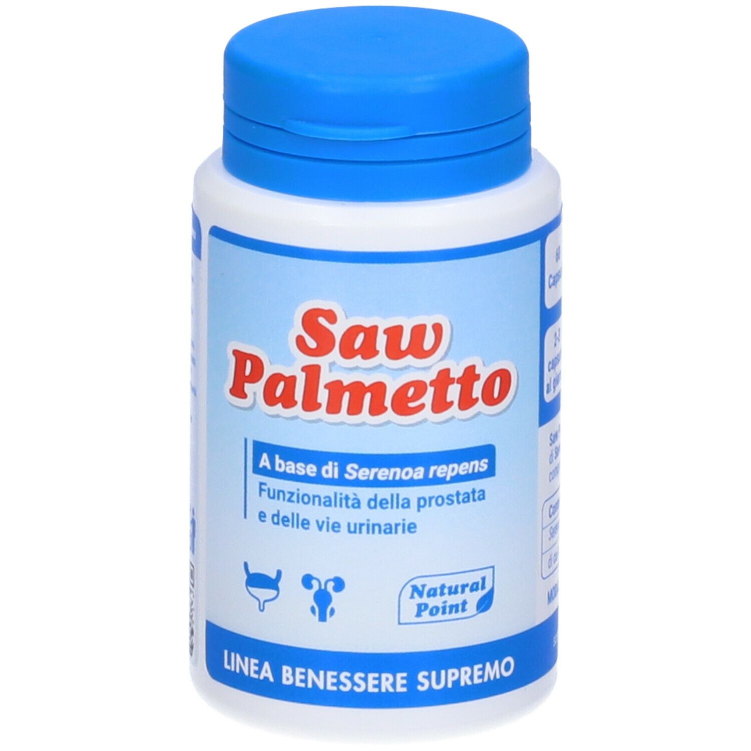 Weiß-blaue Flasche mit rotem "Saw Palmetto"-Schriftzug. Text: "A base di Serenoa repens". Natural Point-Logo.