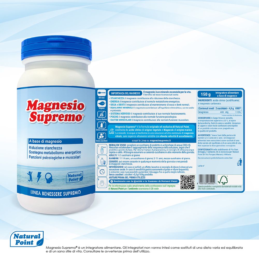 Dose Magnesio Supremo neben einem Etikett mit detaillierten Produktinformationen und Nährwertangaben.