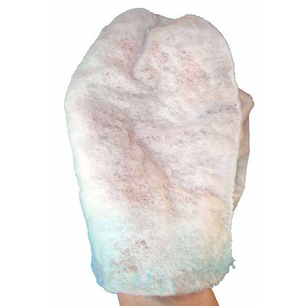 Guanto lavamani usa e getta in tessuto non tessuto. Colore bianco. Tenuto da una mano.