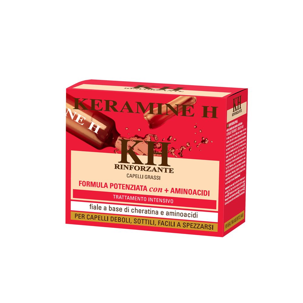 Scatola rossa Keramine H. Scritto: Rinforzante, Capelli grassi. Fiale a base di cheratina e aminoacidi. Per capelli deboli.