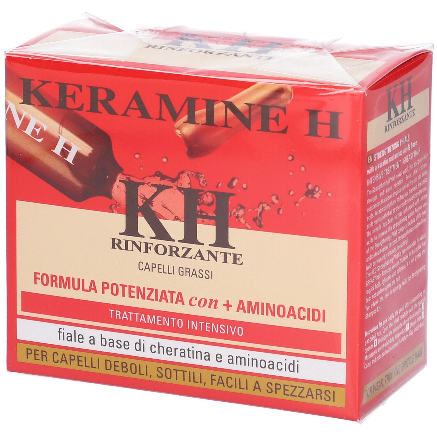 Scatola rossa Keramine H. Scritto: Rinforzante, Capelli grassi. Fiale a base di cheratina e aminoacidi. Confezionato in plastica.