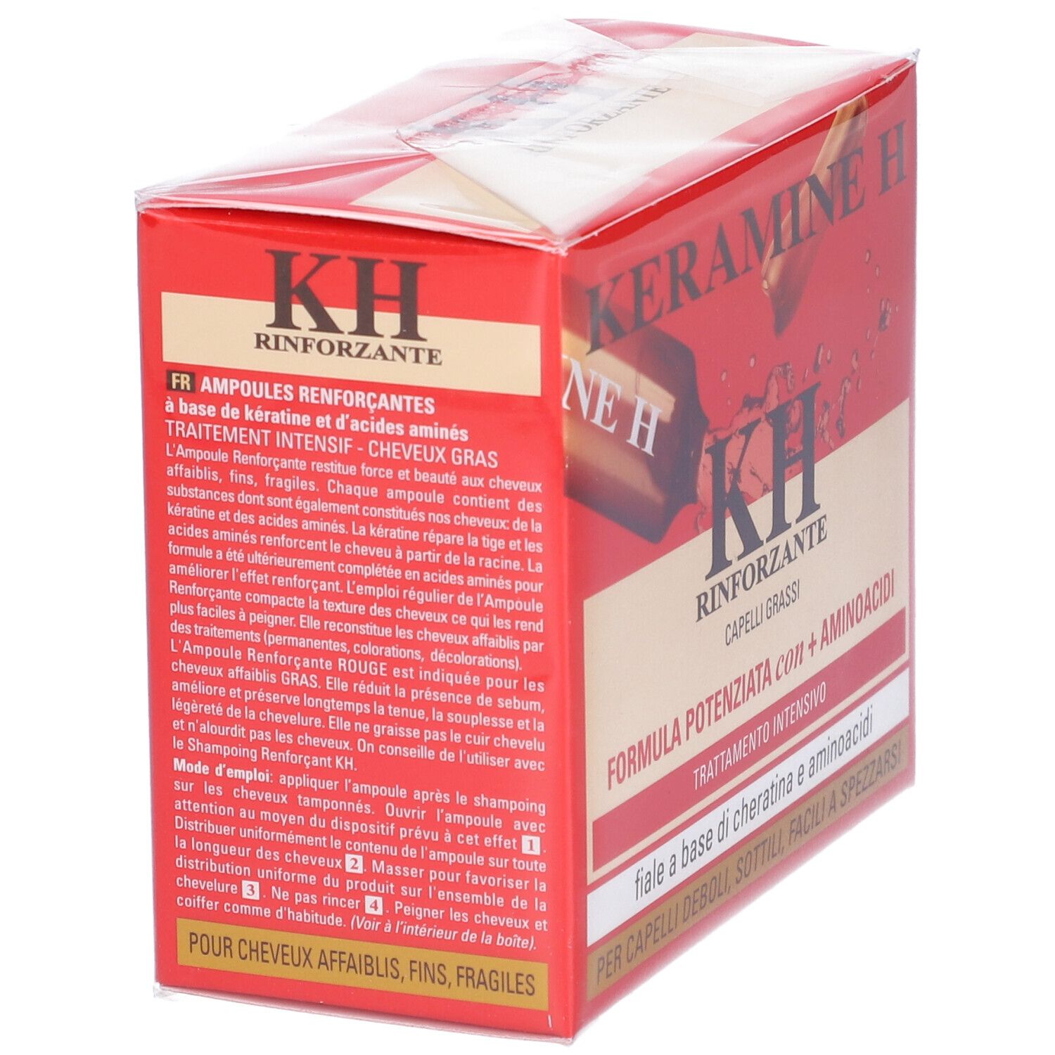 Scatola rossa Keramine H. Scritto: Rinforzante, Capelli grassi. Fiale a base di cheratina e aminoacidi. Retro con testo.