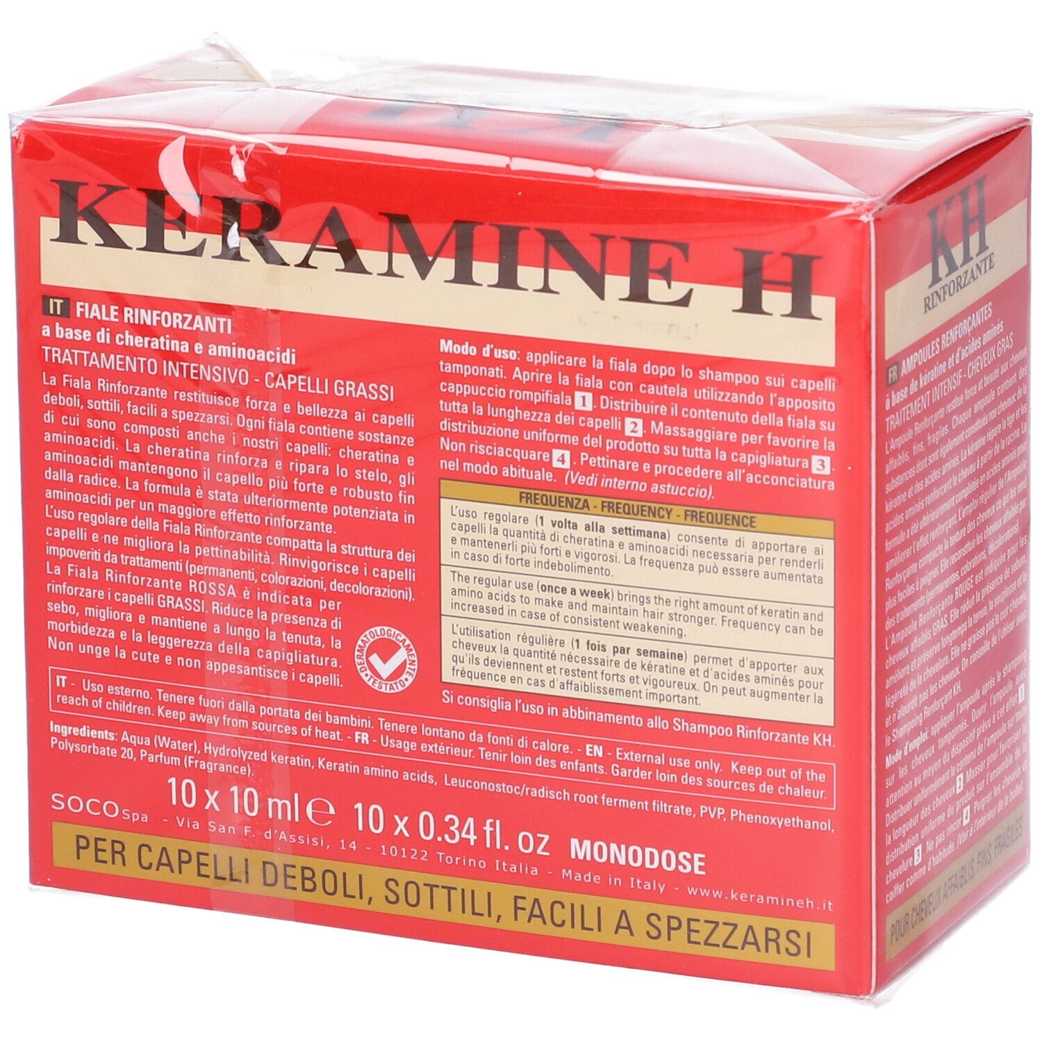 Scatola rossa Keramine H. Scritto: Rinforzante, Capelli grassi. Fiale a base di cheratina e aminoacidi. Testo e ingredienti.