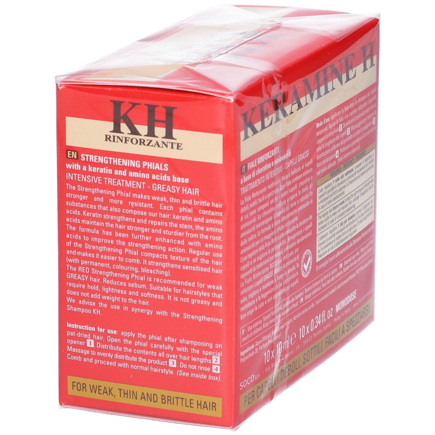 Scatola rossa Keramine H. Scritto: Rinforzante, Capelli grassi. Fiale a base di cheratina e aminoacidi. Testo inglese.