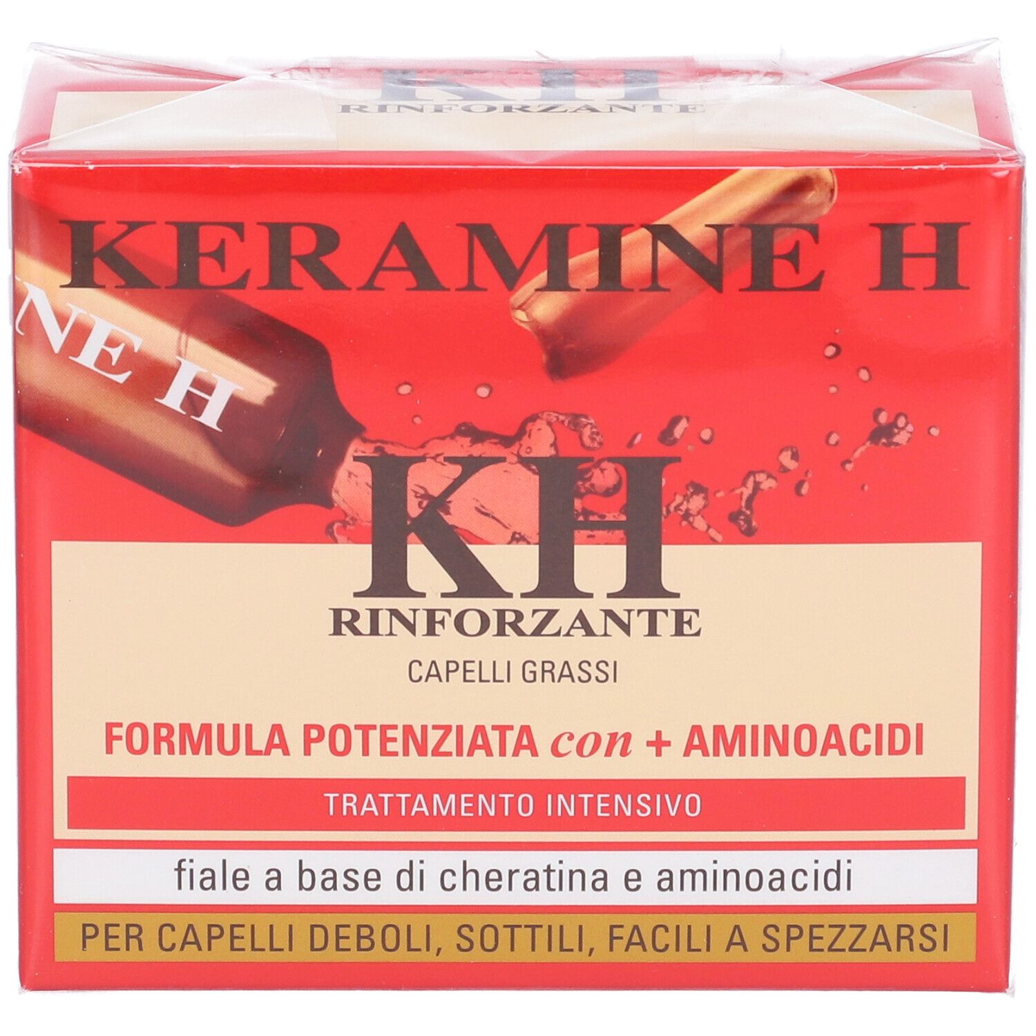 Scatola rossa Keramine H. Scritto: Rinforzante, Capelli grassi. Fiale a base di cheratina e aminoacidi. Vista del prodotto.