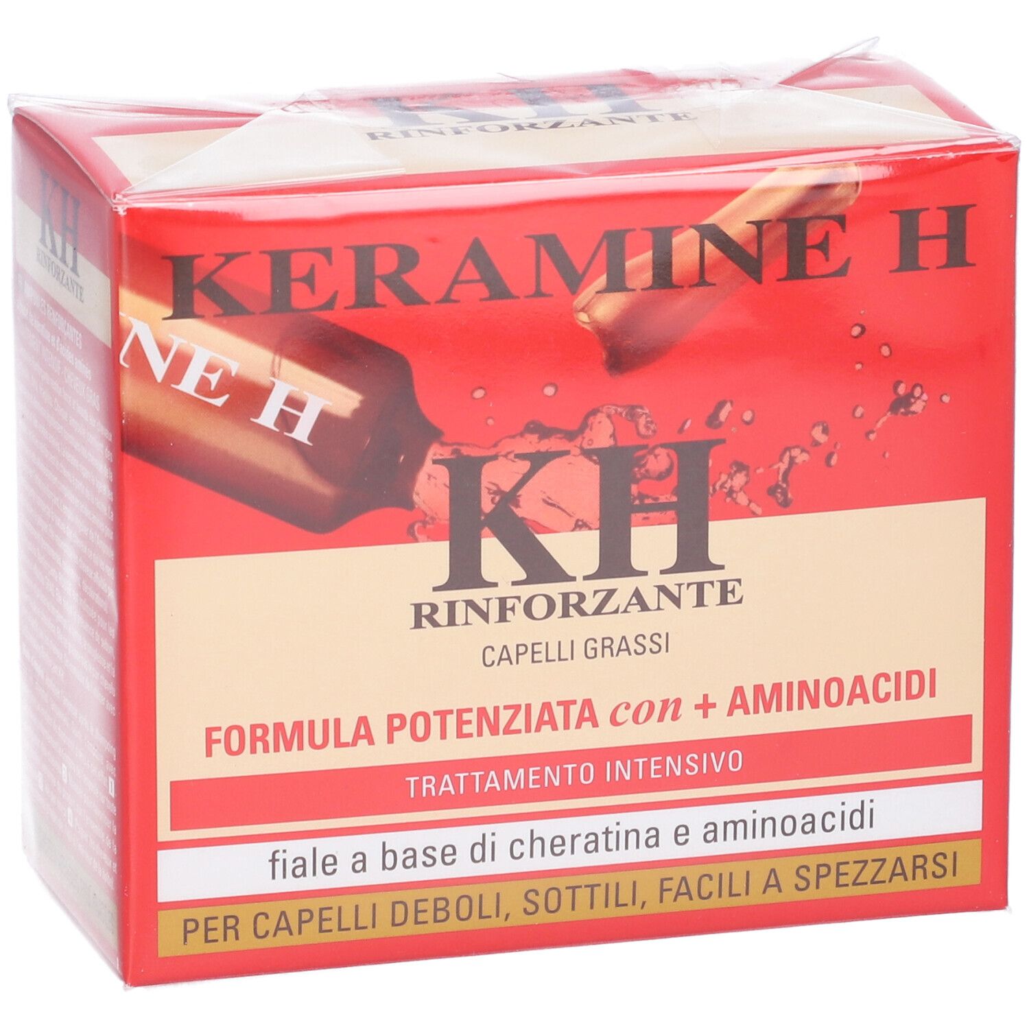 Scatola rossa Keramine H. Scritto: Rinforzante, Capelli grassi. Fiale a base di cheratina e aminoacidi. Vista del prodotto.