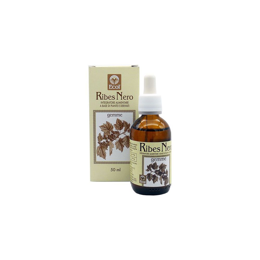 Flacone di vetro marrone con contagocce e scatola. Scritto: Ribes Nero Gemme. 50 ml.