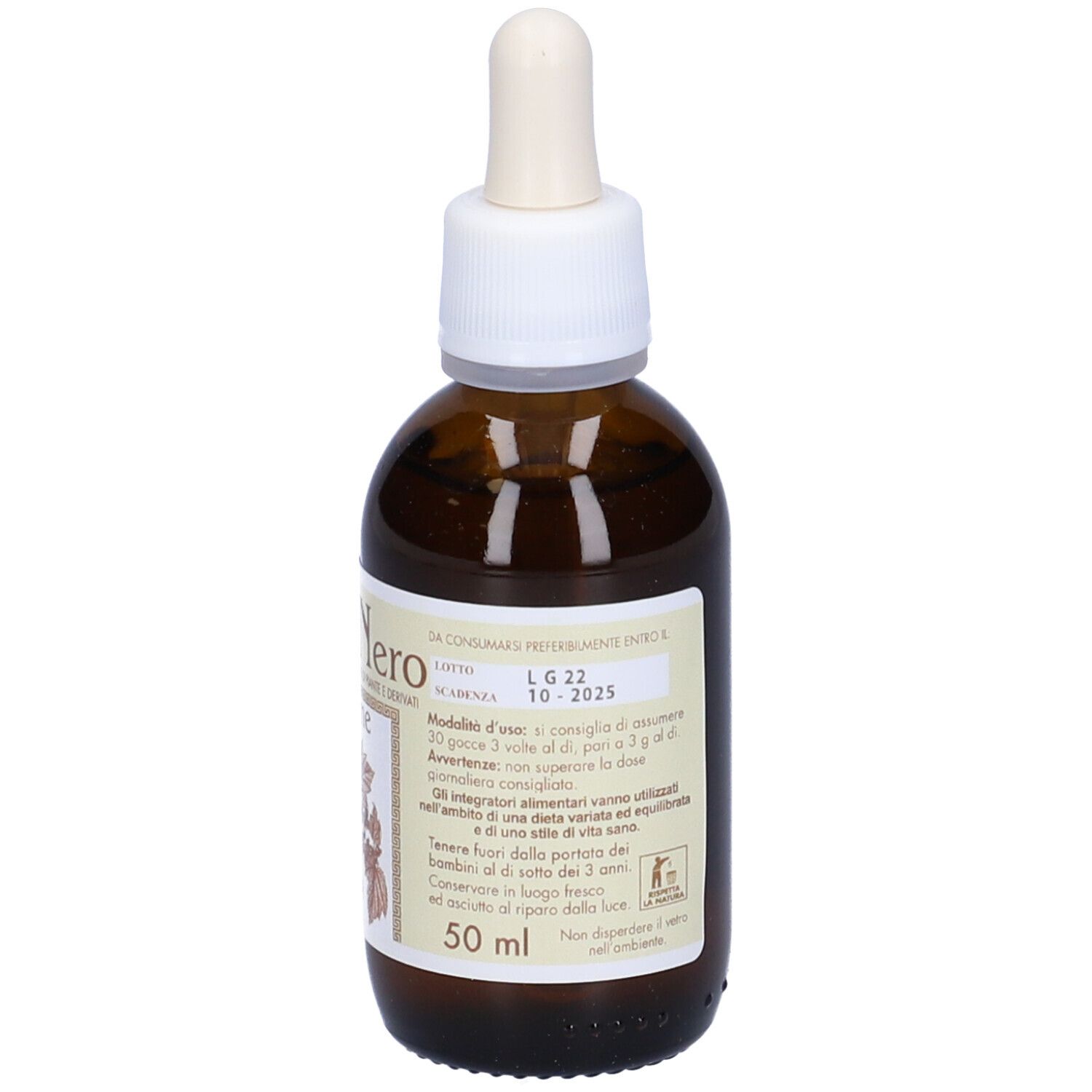 Flacone di vetro marrone con contagocce. Scritto: Ribes Nero Gemme. 50 ml. Etichetta con illustrazione di pianta.
