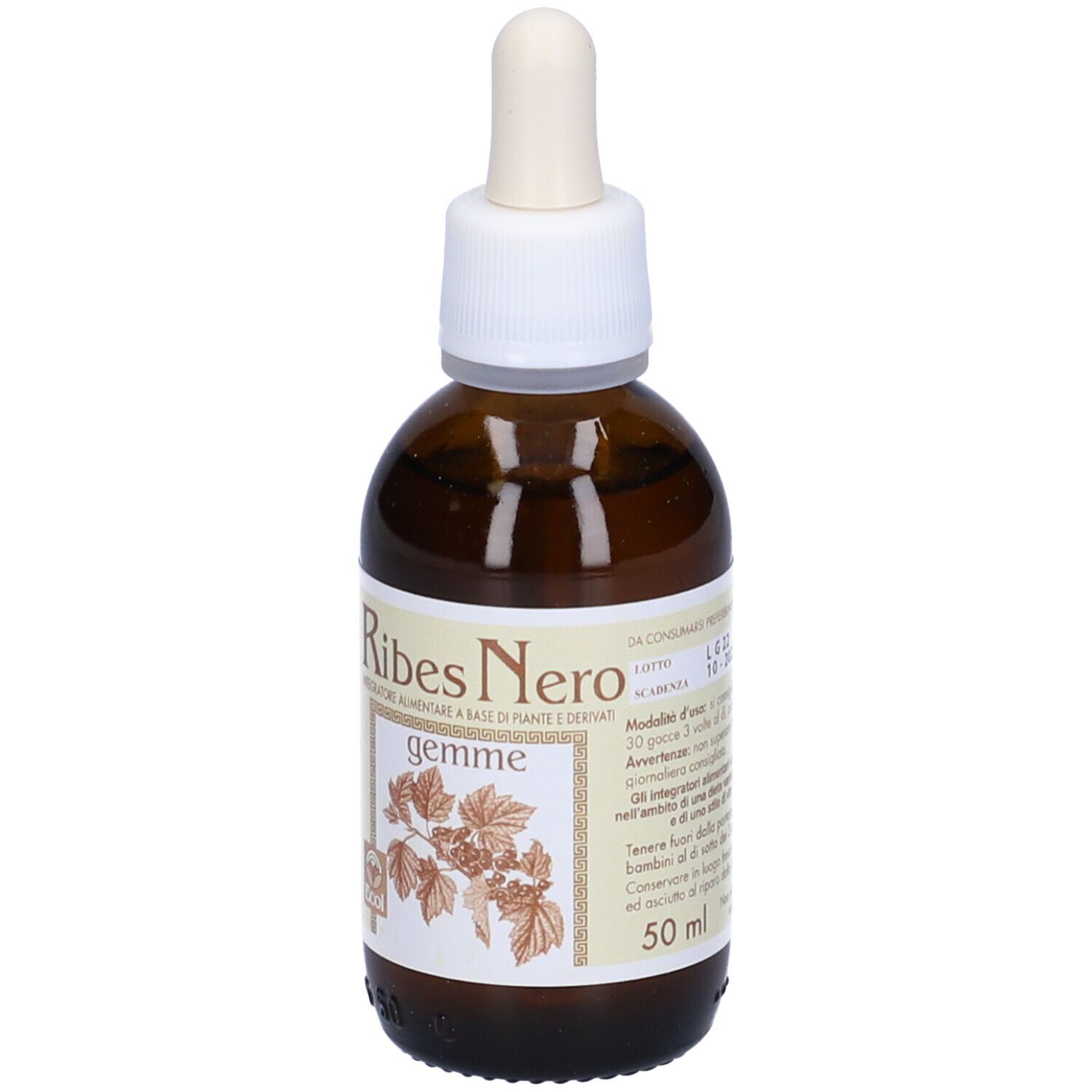 Flacone di vetro marrone con contagocce. Scritto: Ribes Nero Gemme. 50 ml. Etichetta con illustrazione di pianta.