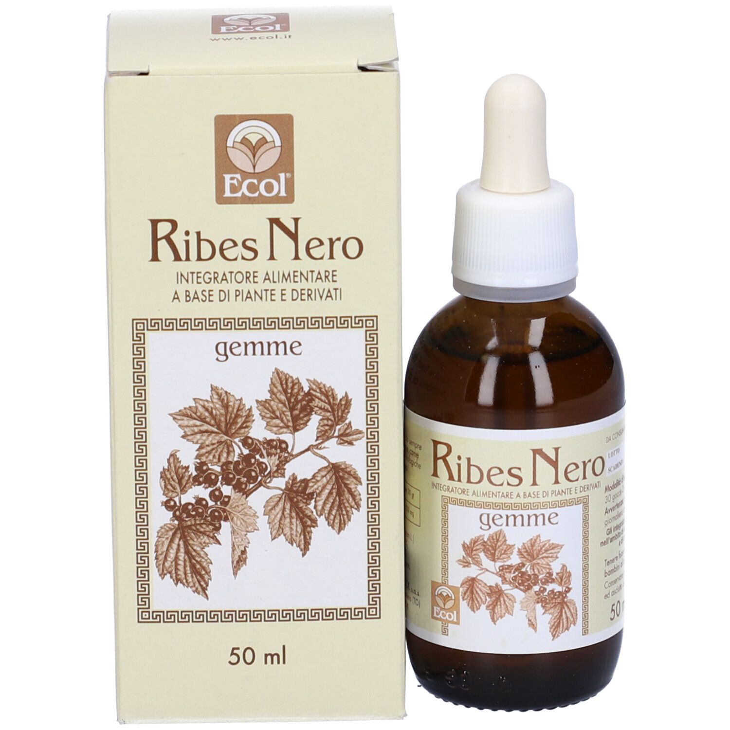 Flacone di vetro marrone con contagocce e scatola. Scritto: Ribes Nero Gemme. 50 ml.
