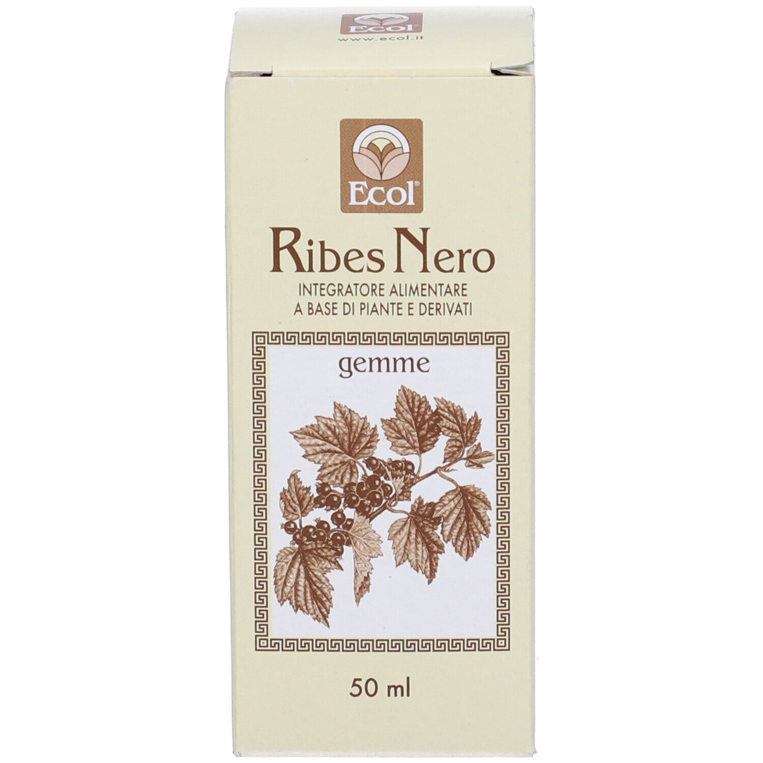 Scatola con scritto: Ribes Nero Gemme. 50 ml. Illustrazione di foglie e bacche.
