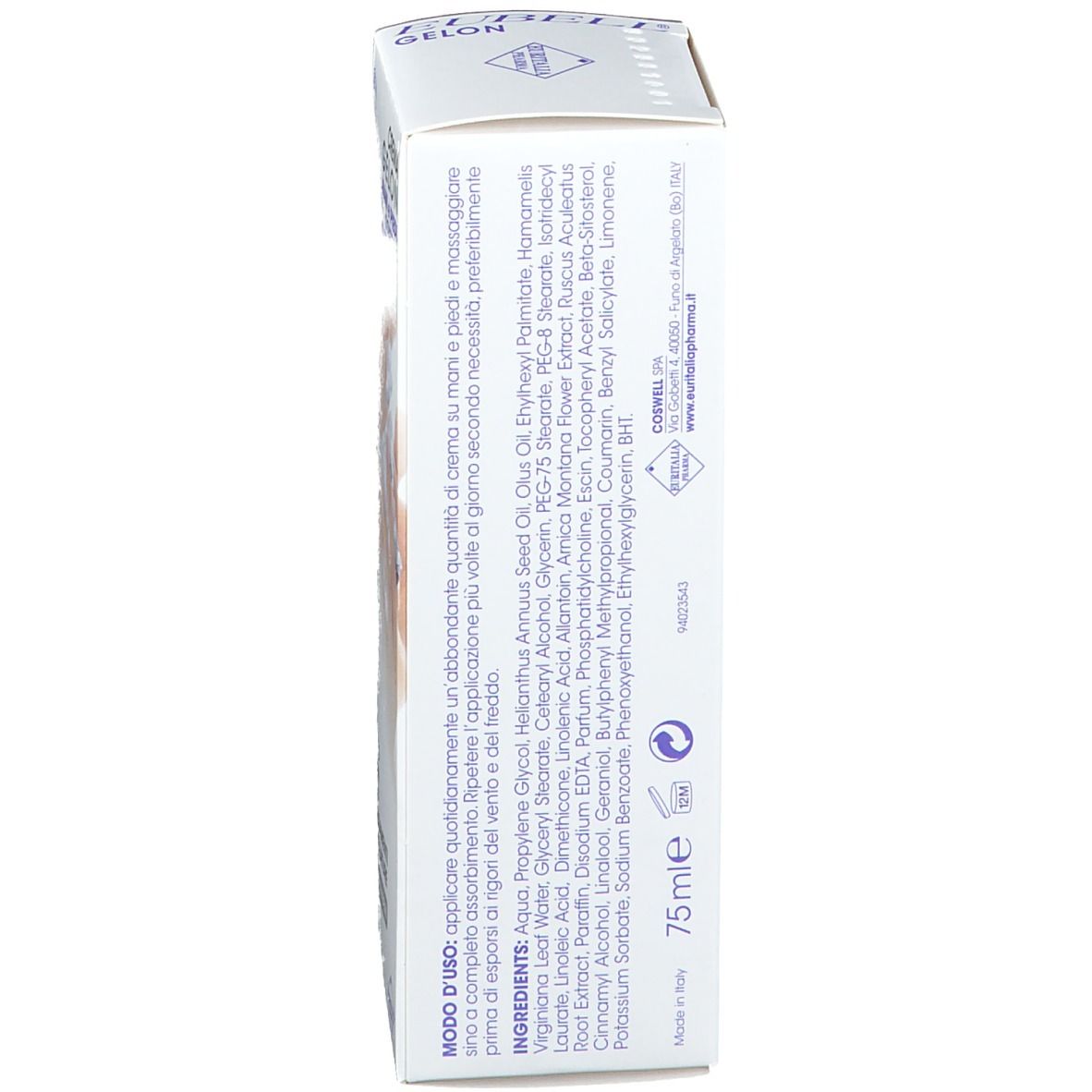 Côté de la boîte. Texte avec ingrédients et instructions d'utilisation. Volume : 75 ml.