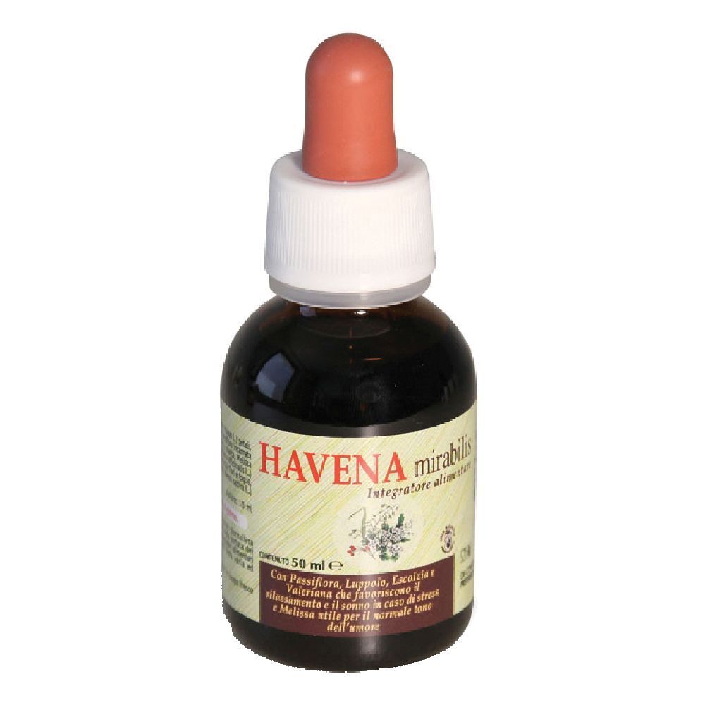 Flacone di vetro marrone con contagocce. Scritta HAVENA mirabilis. Etichetta con ingredienti e illustrazioni floreali.