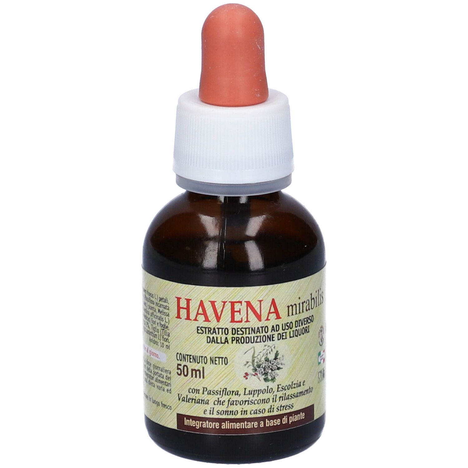 Flacone di vetro marrone con contagocce. Scritta HAVENA mirabilis. Etichetta con ingredienti e illustrazioni floreali.