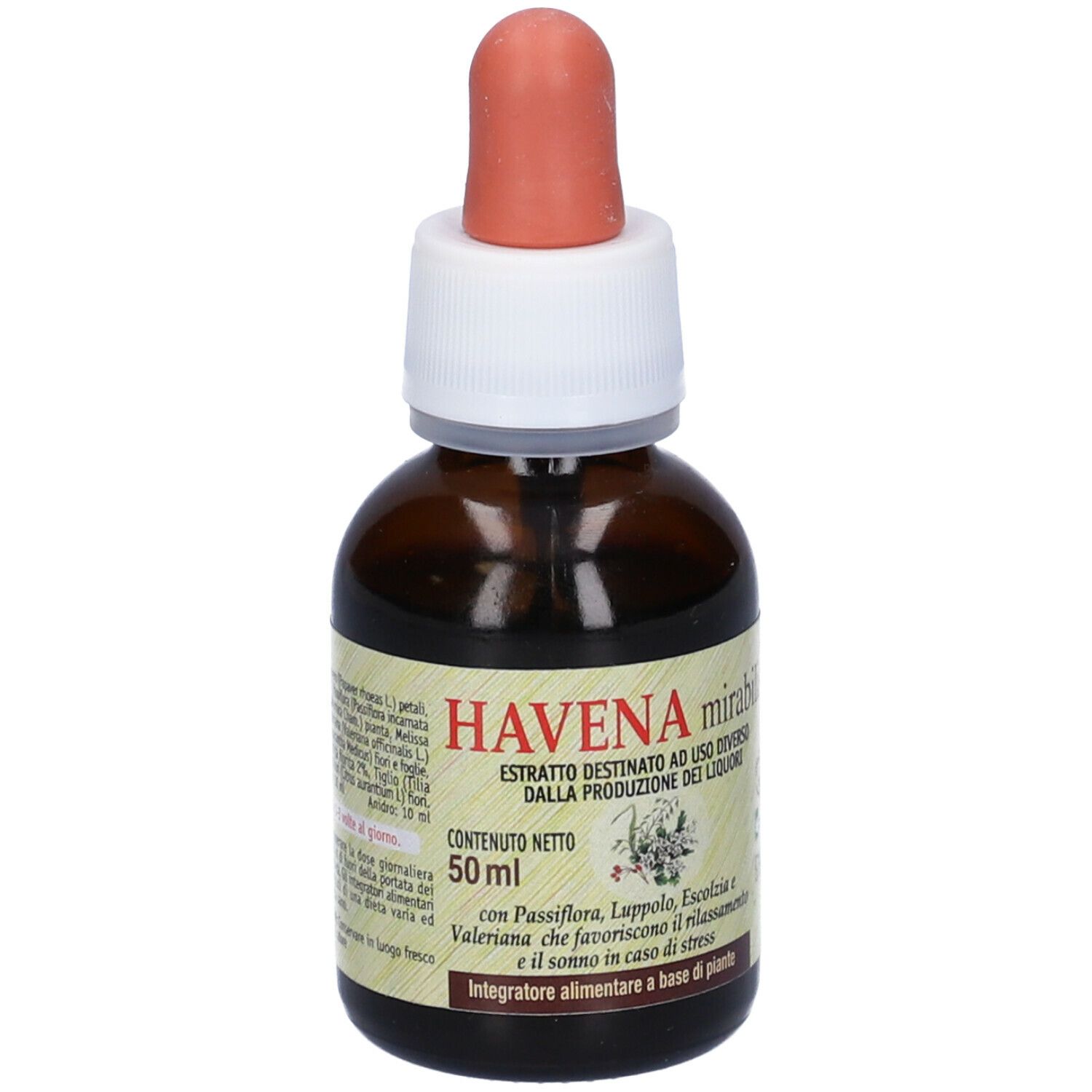 Flacone di vetro marrone con contagocce. Scritta HAVENA mirabilis. Etichetta con ingredienti e illustrazioni floreali.