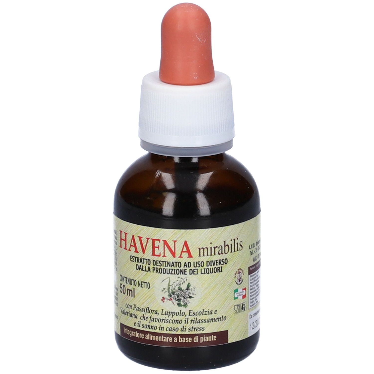 Flacone di vetro marrone con contagocce. Scritta HAVENA mirabilis. Etichetta con ingredienti e illustrazioni floreali.