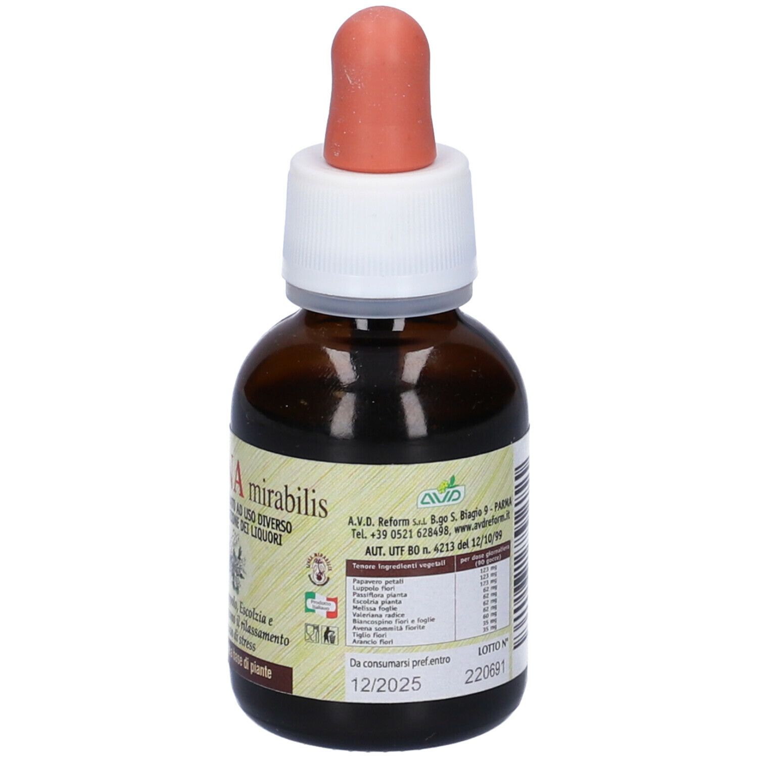 Flacone di vetro marrone con contagocce. Scritta HAVENA mirabilis. Etichetta con ingredienti e illustrazioni floreali.