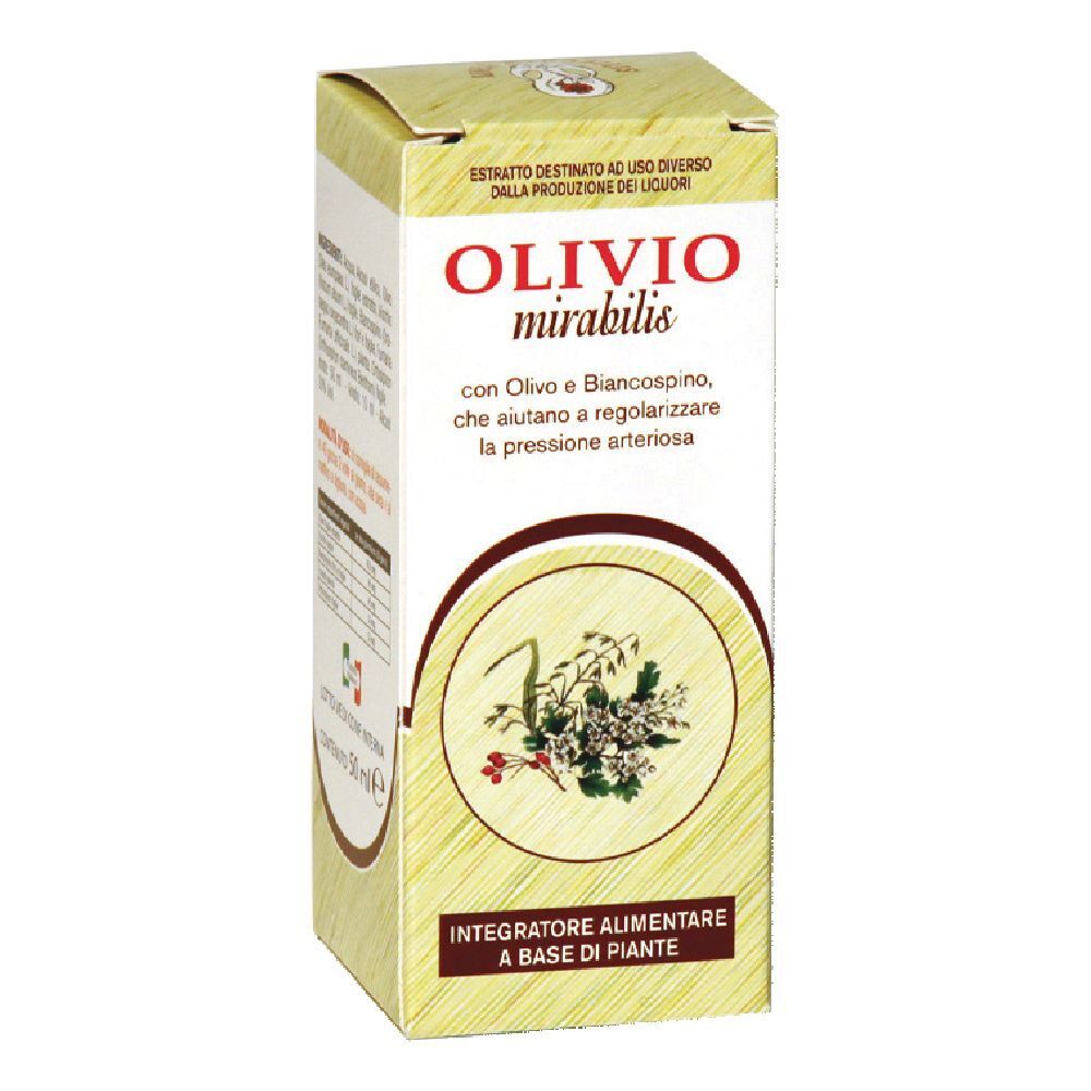 Scatola del prodotto. Testo: Olivio mirabilis, Integratore Alimentare. Tonalità beige e verde.