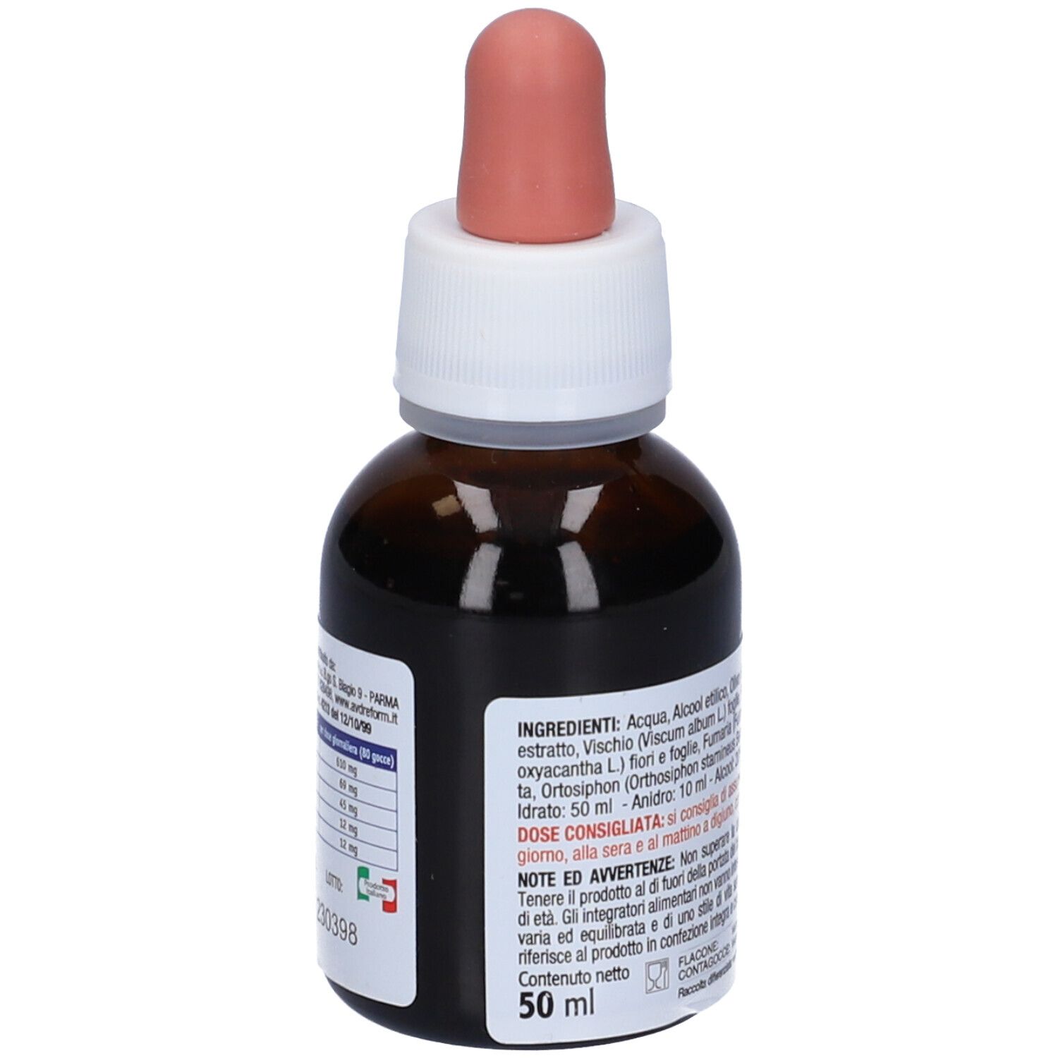 Flacone di vetro marrone con contagocce. Testo: Olivio mirabilis. Etichetta con ingredienti e dosaggio.