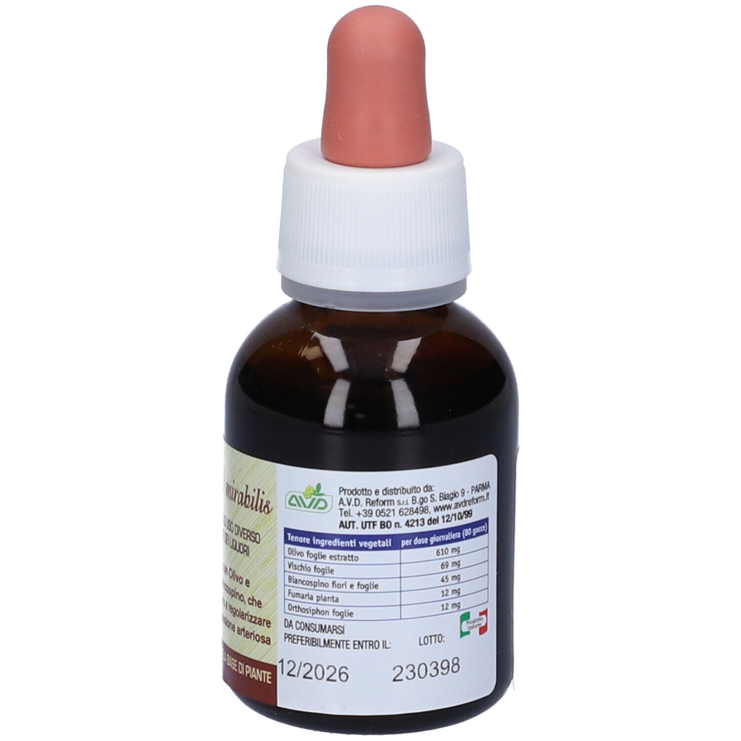 Flacone di vetro marrone con contagocce. Testo: Olivio mirabilis. Etichetta con ingredienti e dosaggio.