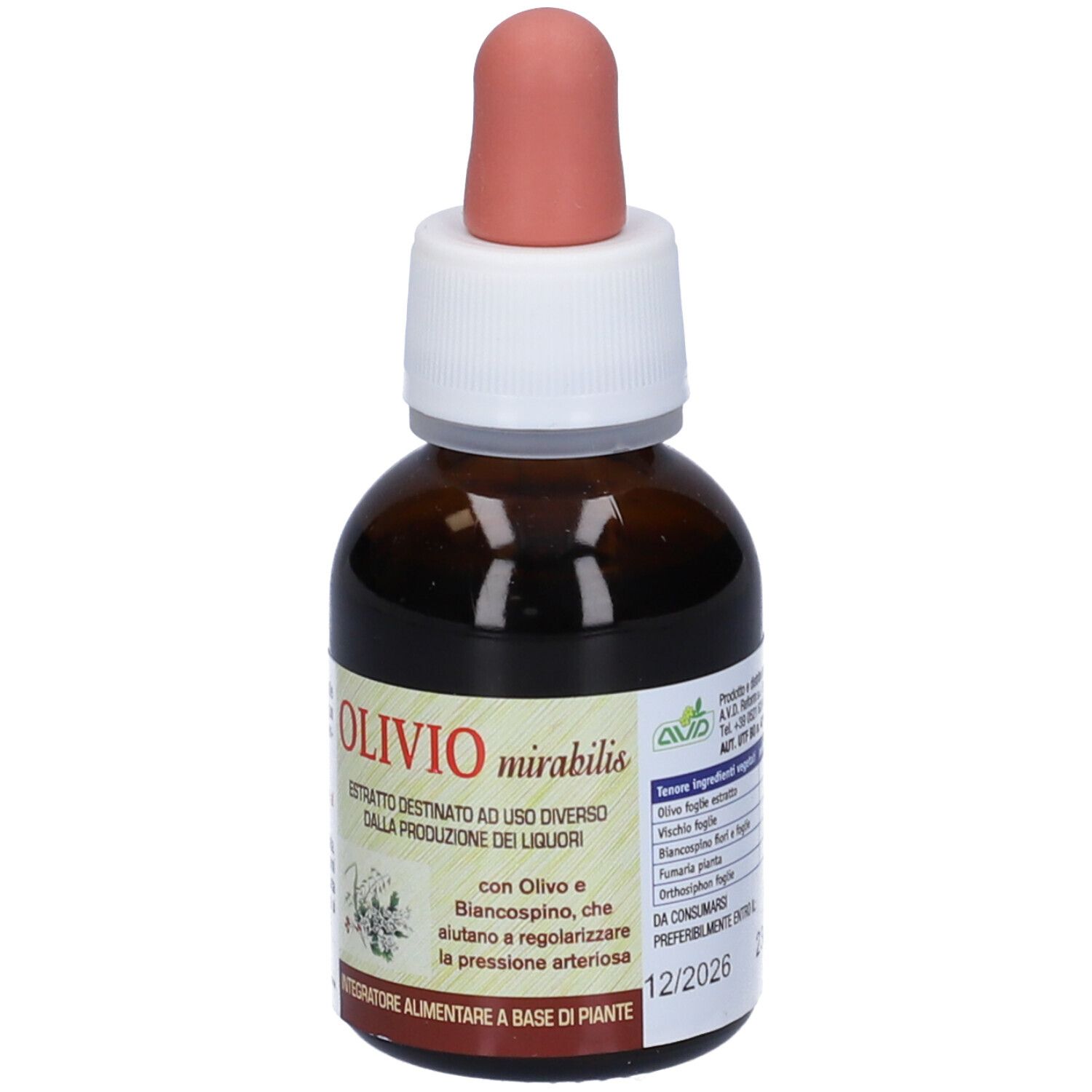 Flacone di vetro marrone con contagocce. Testo: Olivio mirabilis. Etichetta con ingredienti e dosaggio.