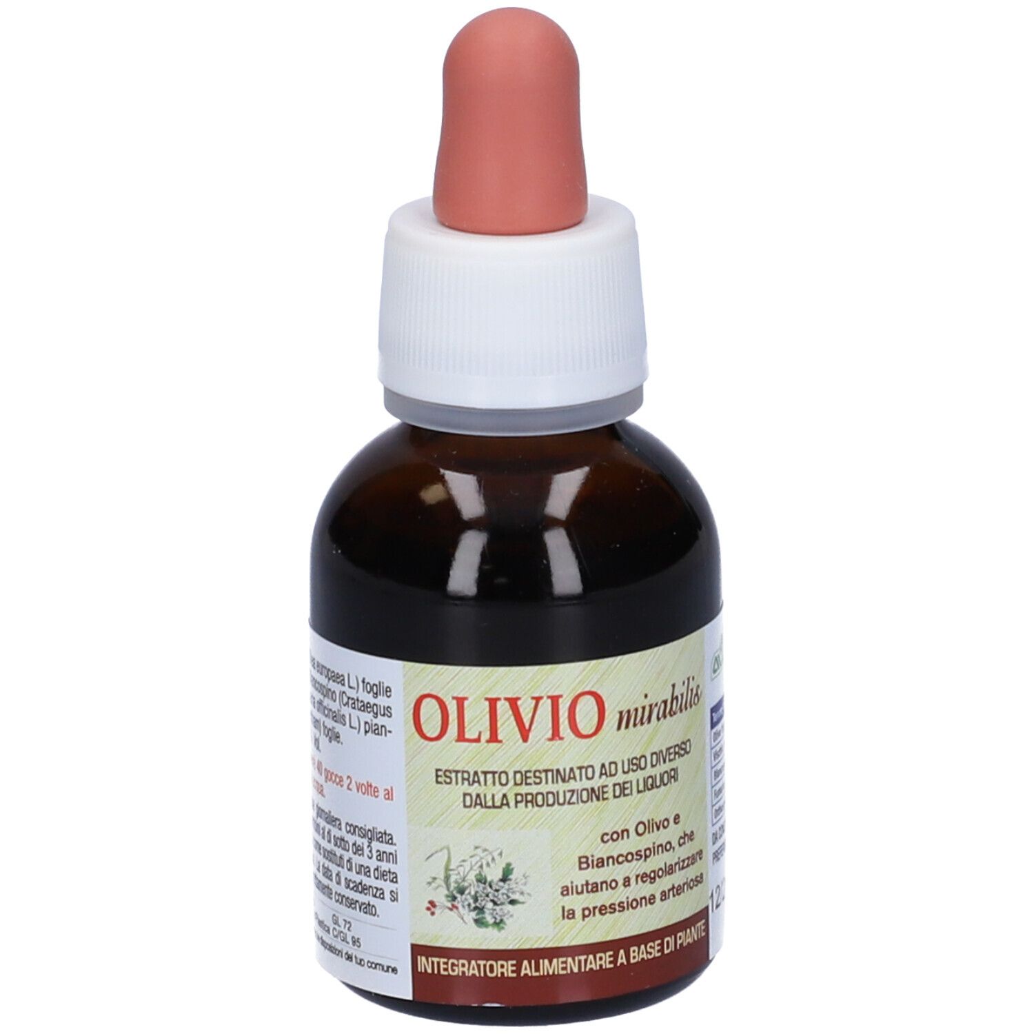 Flacone di vetro marrone con contagocce. Testo: Olivio mirabilis. Etichetta con ingredienti e dosaggio.