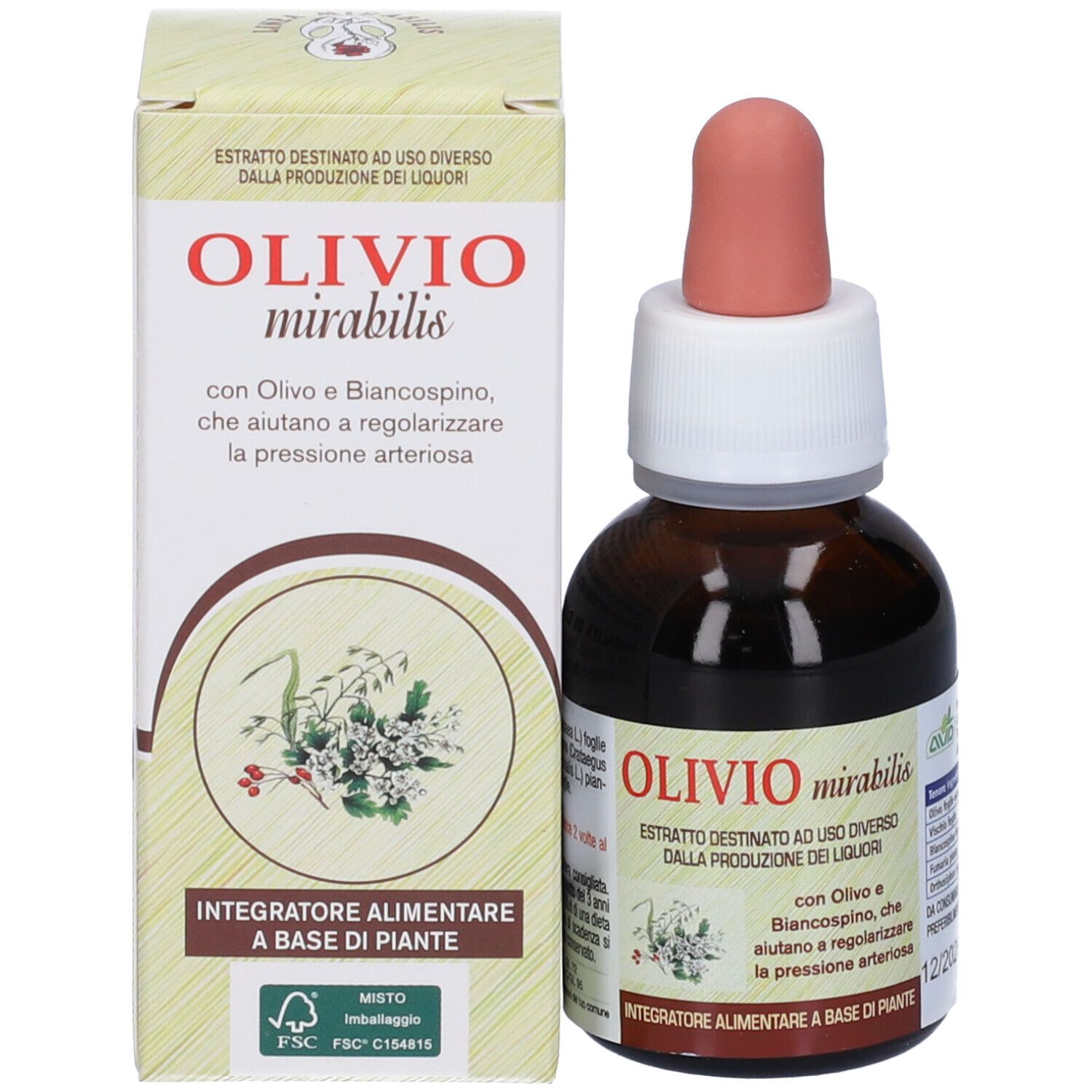 Confezione del prodotto con flacone e contagocce. Testo: Olivio mirabilis. Tonalità beige e verde.