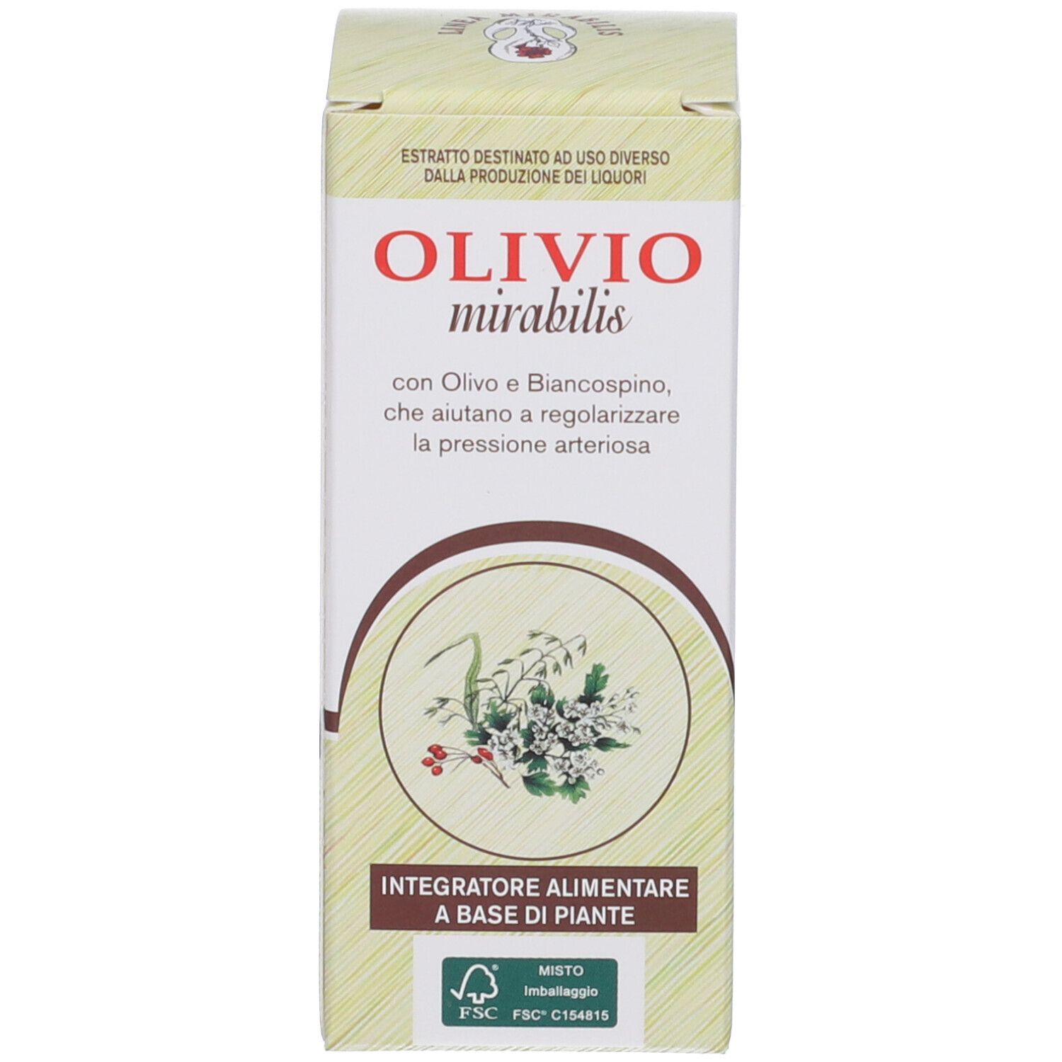 Scatola del prodotto. Testo: Olivio mirabilis, Integratore Alimentare. Tonalità beige e verde.