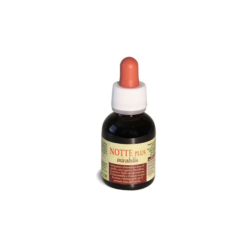 Flacone di vetro marrone con contagocce rosso. Etichetta con nome del prodotto e testo. Su sfondo bianco.
