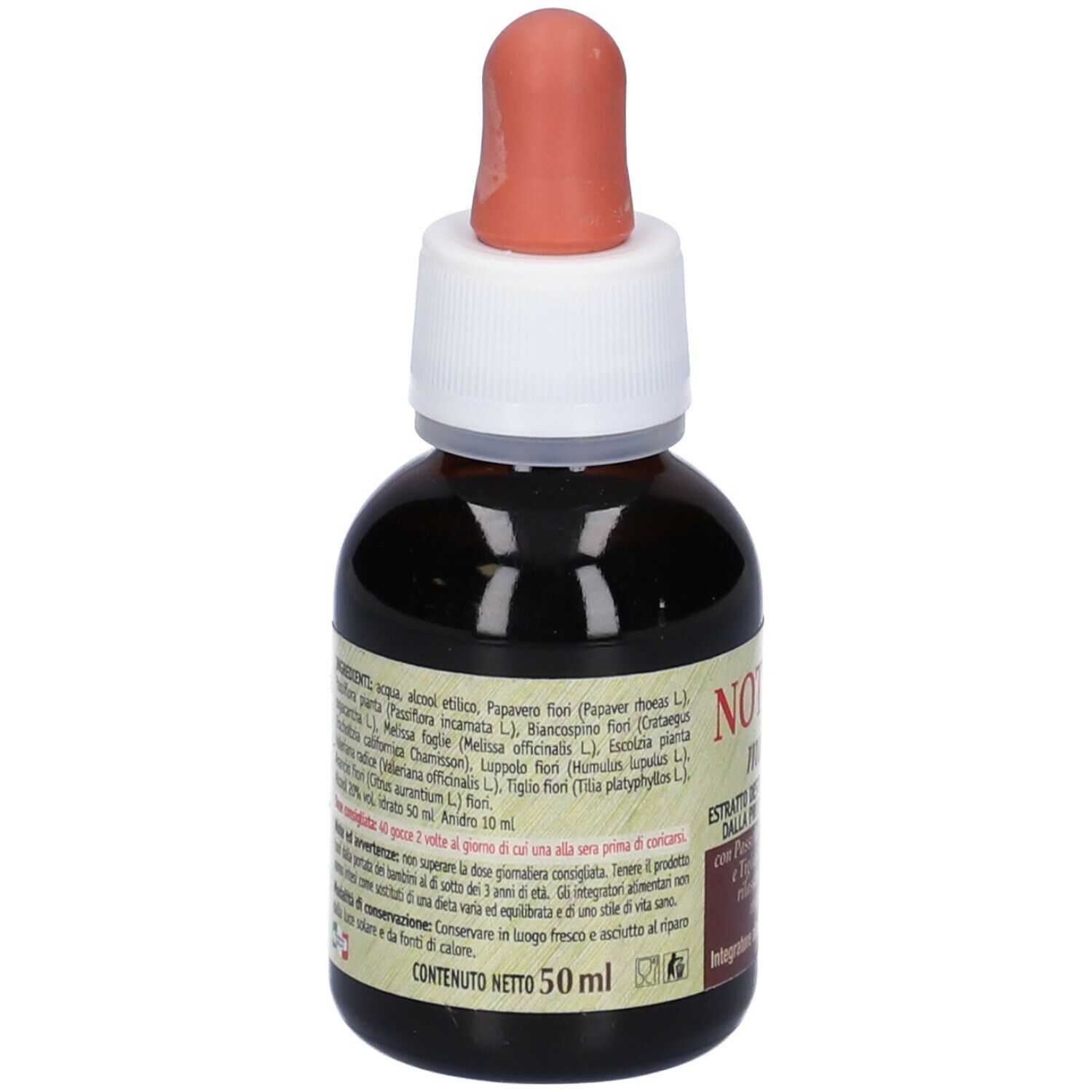 Flacone di vetro marrone con contagocce rosso. Etichetta con nome del prodotto e testo. Dettaglio ingredienti.