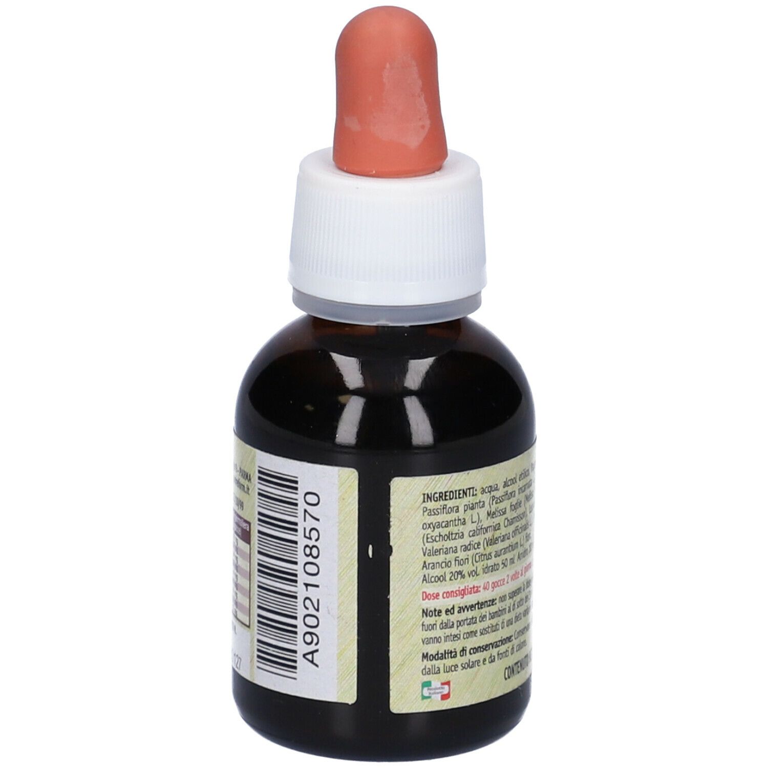 Flacone di vetro marrone con contagocce rosso. Etichetta con nome del prodotto e testo. Dettaglio ingredienti.