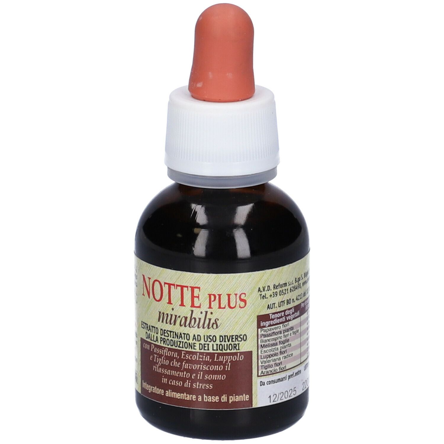 Flacone di vetro marrone con contagocce rosso. Etichetta con nome del prodotto e testo. Primo piano.