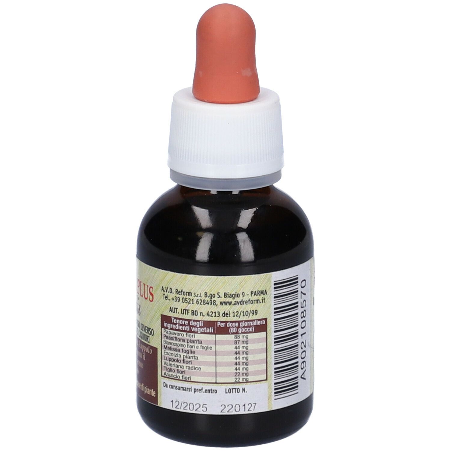 Flacone di vetro marrone con contagocce rosso. Etichetta con nome del prodotto e testo. Dettaglio ingredienti.