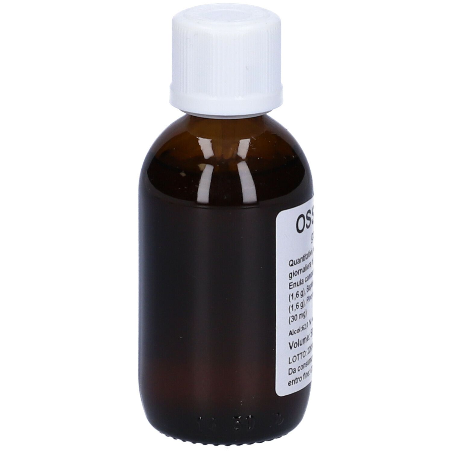 Flacone di vetro marrone con tappo bianco. Etichetta con informazioni sul prodotto. Volume 50 ml.