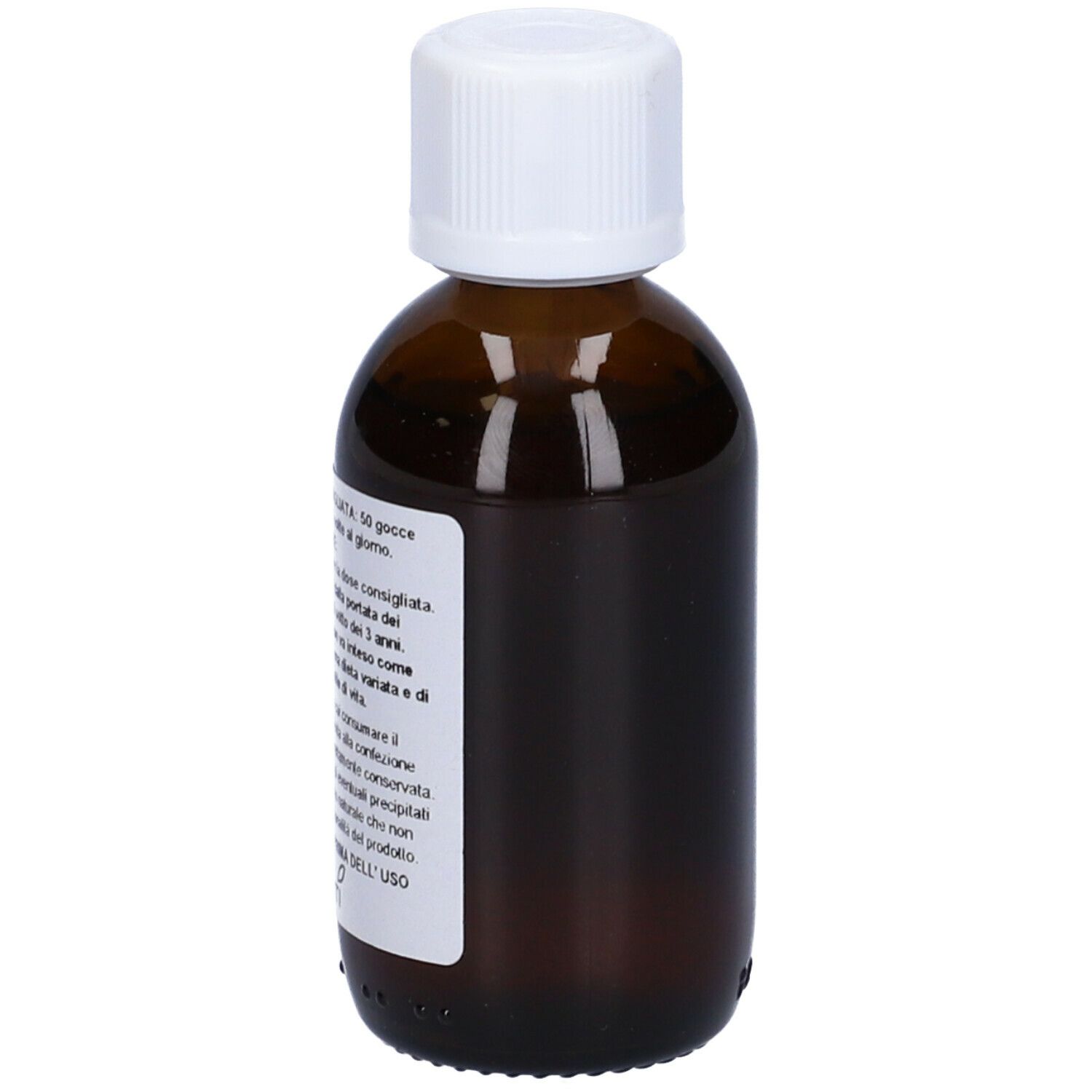 Flacone di vetro marrone con tappo bianco. Etichetta con informazioni sul prodotto. Volume 50 ml.