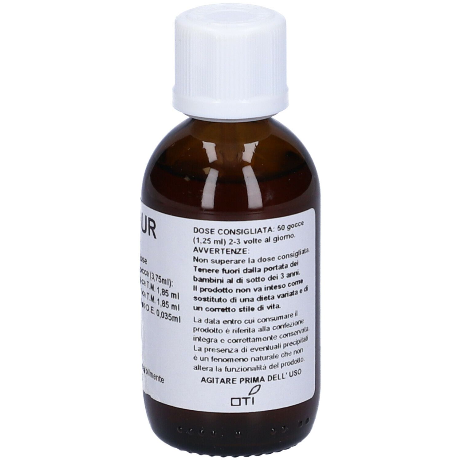 Flacone di vetro marrone con tappo bianco. Etichetta con informazioni sul prodotto. Volume 50 ml.