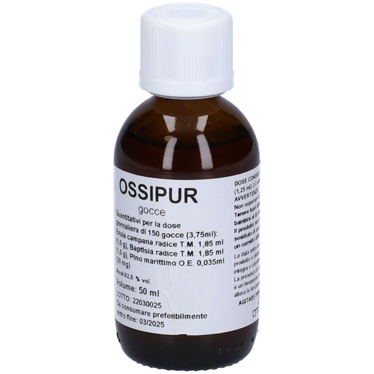 Flacone di vetro marrone con tappo bianco. Etichetta con informazioni sul prodotto. Volume 50 ml.