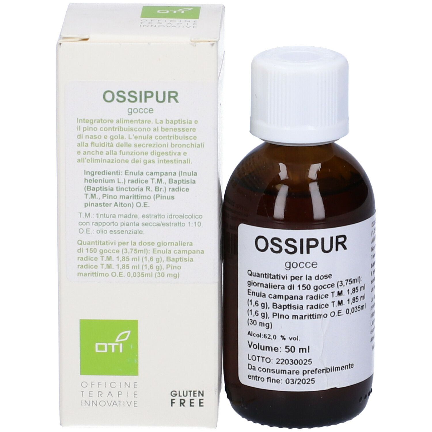Flacone di vetro marrone con tappo bianco e confezione. Etichetta con informazioni sul prodotto. Volume 50 ml.