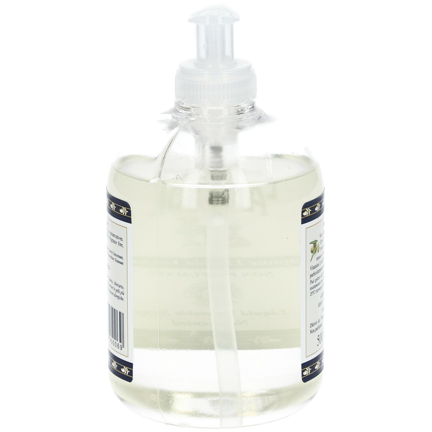 Flacone trasparente con dosatore. Etichetta con logo e scritta: Sapone Liquido Vegetale Non Profumato. Bordo blu e oro.