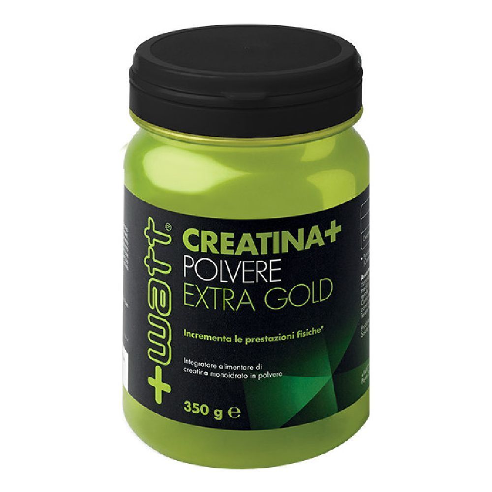 Contenitore verde di integratore con coperchio nero. Scritta: Creatina+ Polvere Extragold. 350 g.