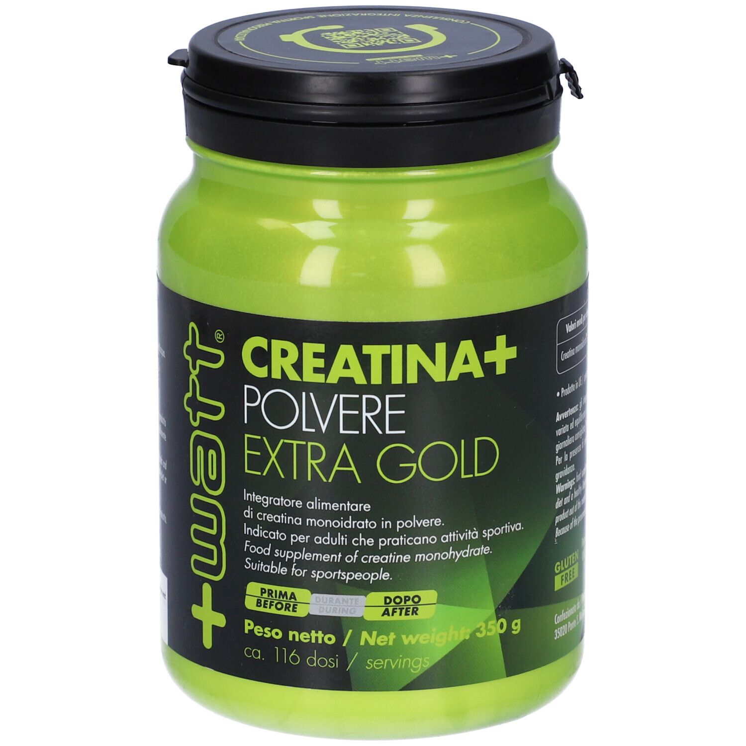 Contenitore verde di integratore con coperchio nero. Scritta: Creatina+ Polvere Extragold. 350 g. Per sportivi.