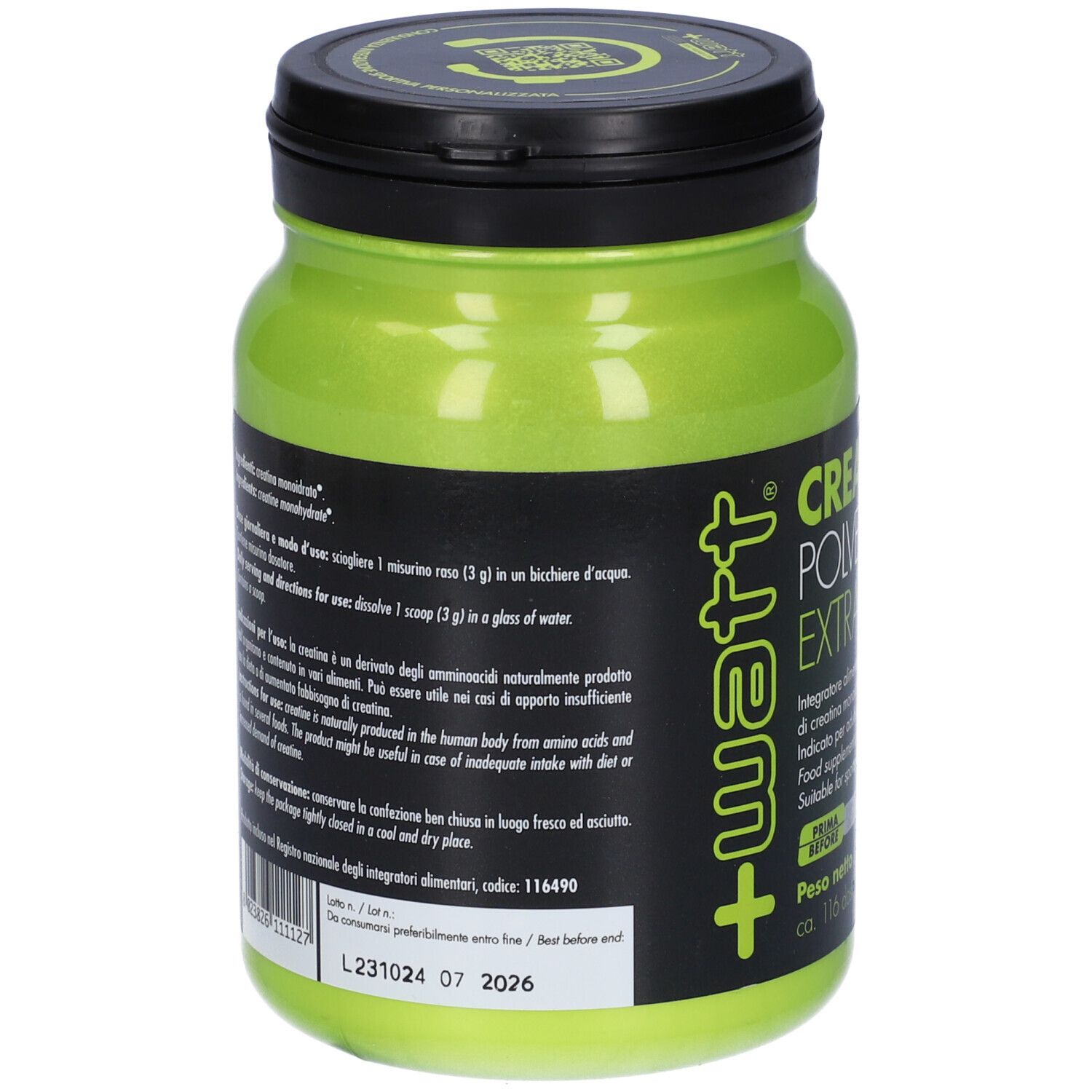Contenitore verde di integratore con coperchio nero. Testo con istruzioni e ingredienti. Scadenza 07 2026.