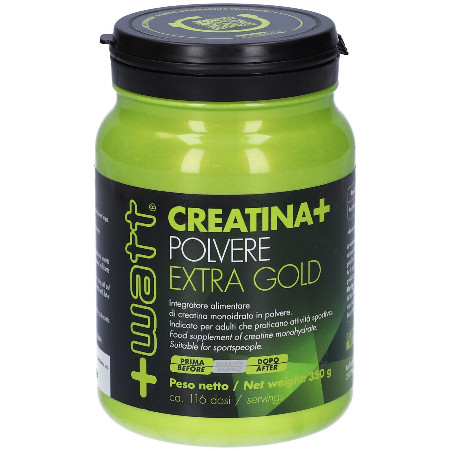 Contenitore verde di integratore con coperchio nero. Scritta: Creatina+ Polvere Extragold. 350 g. Per sportivi.